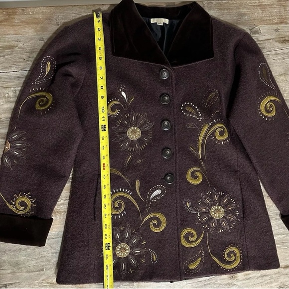 Carson Vintage Boiled Wool Jacket Velvet Collar SZ L Brown Artsy Embroidered EUC - Picture 11 of 13